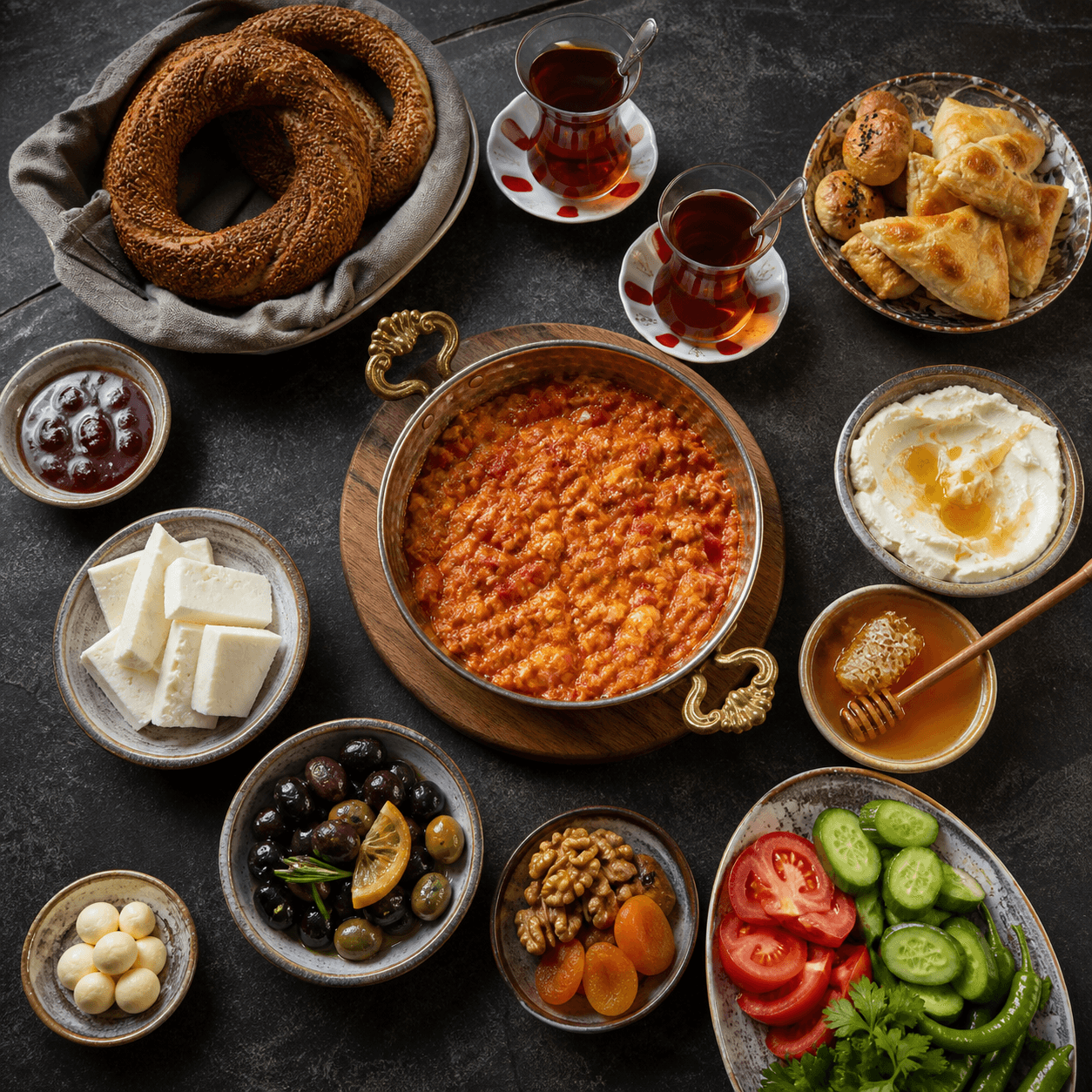 A generous Turkish breakfast spread